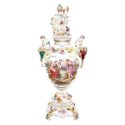 Lot 541 - Dresden Floral Encrusted Porcelain Figural Urn...