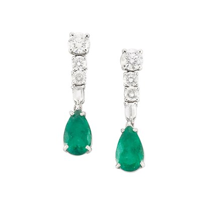 Lot 182 - Pair of Platinum, Diamond and Emerald Pendant-Earrings