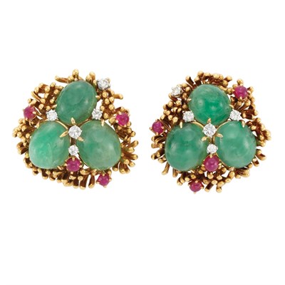 Lot 323 - Pair of Gold, Cabochon Emerald, Diamond and Cabochon Ruby Earclips