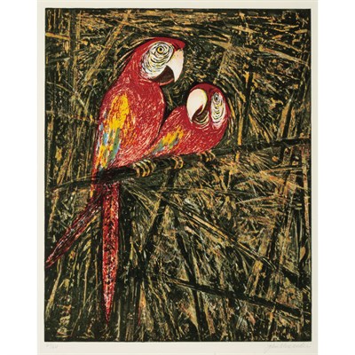 Lot 131 - John Alexander (b. 1945) PARROTS Color woodcut,...
