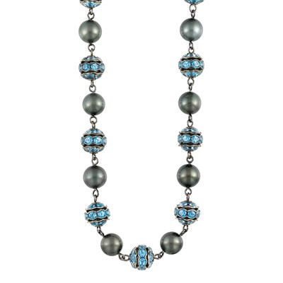 Lot 97 - Blackened Sterling Silver, Tahitian Gray and Black Cultured Pearl, Blue Topaz and Diamond Chain Necklace, David Yurman