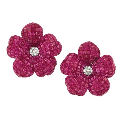 Lot 107 - Pair of White Gold, Invisibly-Set Ruby and Diamond Flower Earclips