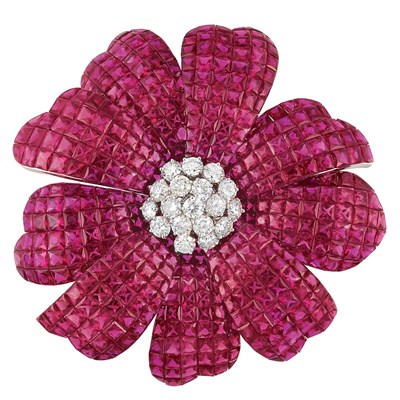 Lot 394 - White Gold, Invisibly-Set Ruby and Diamond Flower Brooch