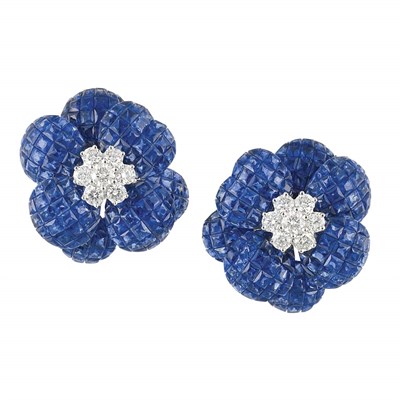 Lot 115 - Pair of White Gold, Invisibly-Set Sapphire and Diamond Flower Earclips