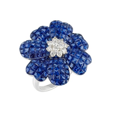 Lot 116 - White Gold, Invisibly-Set Sapphire and Diamond Flower Ring