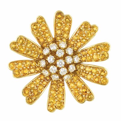 Lot 78 - Gold, Yellow Sapphire and Diamond Flower Brooch, Jean Vitau