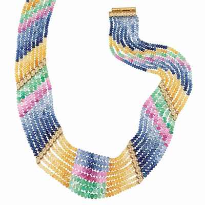 Lot 79 - Eight Strand Multicolored Sapphire and Emerald Bead, Gold and Diamond Necklace