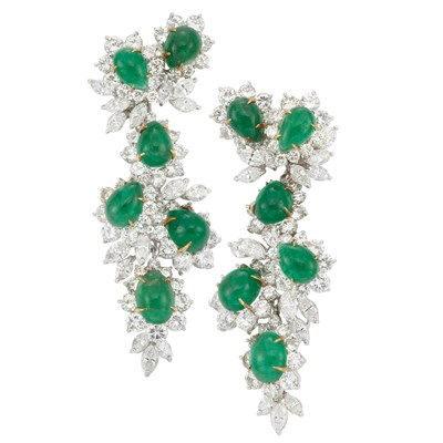 Lot 330 - Pair of Platinum, Gold, Cabochon Emerald and Diamond Pendant-Earclips
