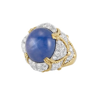 Lot 362 - Gold, Platinum, Star Sapphire and Diamond Dome Ring