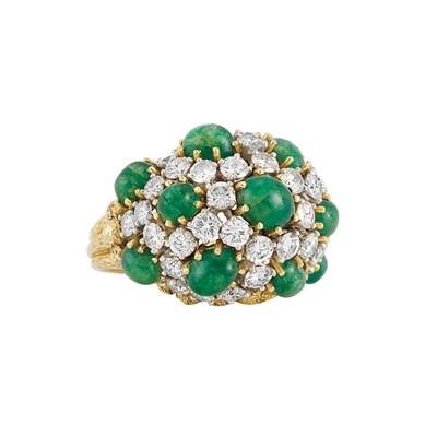 Lot 215 - Gold, Platinum, Diamond and Cabochon Emerald Dome Ring, France