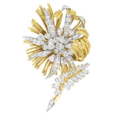 Lot 353 - Gold, Platinum and Diamond Flower Clip-Brooch, France
