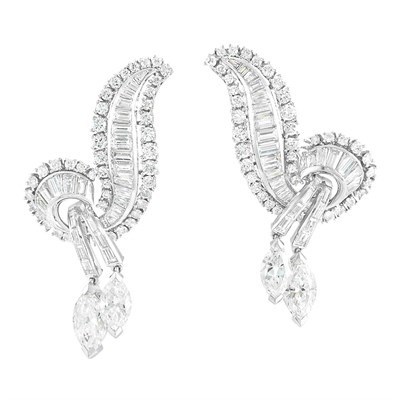 Lot 386 - Pair of Platinum and Diamond Ribbon Earclips