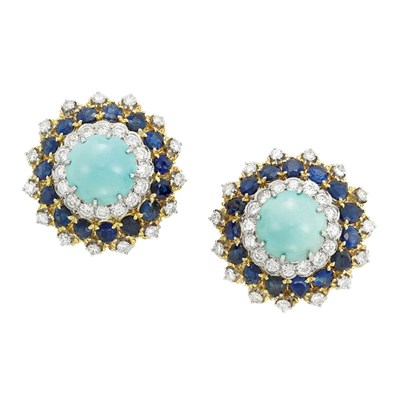 Lot 351 - Pair of Gold, Turquoise, Diamond and Sapphire Earclips