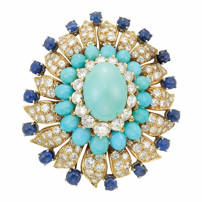 Lot 350 - Gold, Platinum, Turquoise, Diamond and Cabochon Sapphire Clip-Brooch