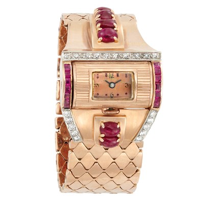 Lot 207 - Rose Gold, Ruby and Diamond Bracelet-Watch
