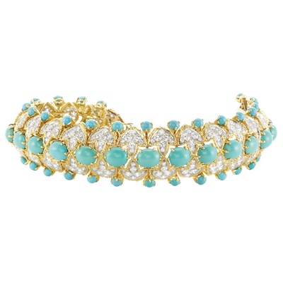 Lot 349 - Two-Color Gold, Turquoise and Diamond Bracelet