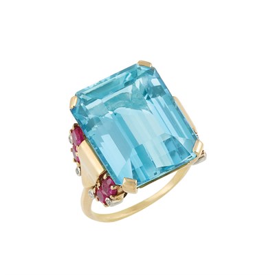 Lot 206 - Gold, Aquamarine, Ruby and Diamond Ring
