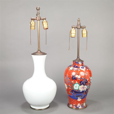Lot 301 - Chinese White Glazed Porcelain Lamp; Together...
