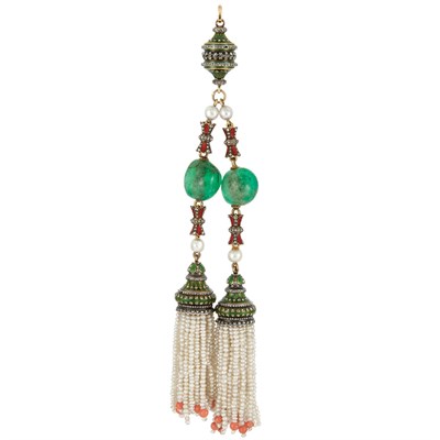 Lot 174 - Silver, Gold, Emerald Bead, Pearl, Diamond, Enamel, Seed Pearl and Coral Bead Tassel Pendant