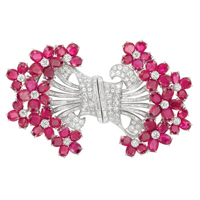 Lot 401 - Platinum, Ruby and Diamond Double Clip-Brooch