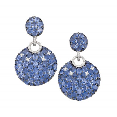 Lot 237 - Pair of  Sapphire and Diamond Pendant-Earrings