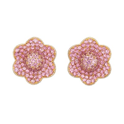 Lot 81 - Pair of Gold, Pink Sapphire and Diamond Flower Earclips