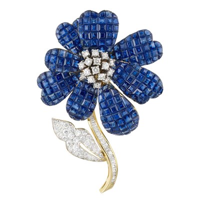 Lot 114 - Gold, Invisibly-Set Sapphire and Diamond Flower Brooch
