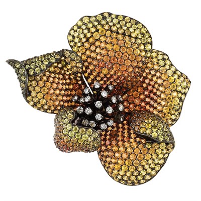 Lot 32 - Yellow and Orange Sapphire and Diamond Flower Pendant Clip-Brooch