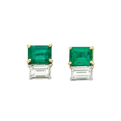 Lot 325 - Pair of Platinum, Gold, Emerald and Diamond Earrings
