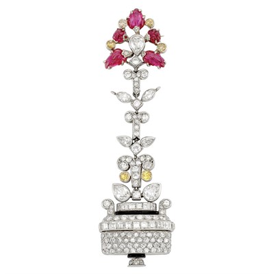 Lot 429 - Platinum, Diamond, Fancy Colored Yellow Diamond, Carved Ruby and Black Enamel Lapel Watch, Gubelin, France