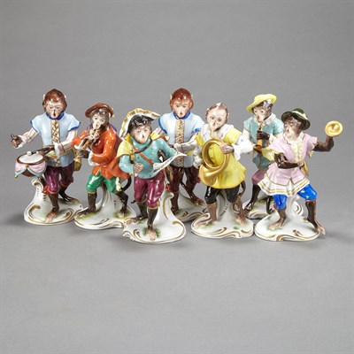 Lot 182 - German Porcelain Seven-Piece Monkey Band...