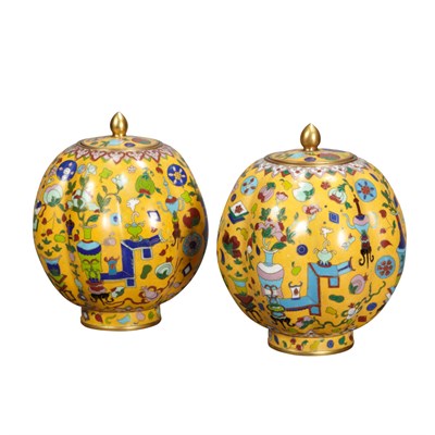 Lot 198 - Pair of Chinese Cloisonne Yellow Ground...