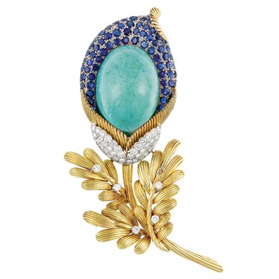 Lot 305 - Two-Color Gold, Turquoise, Diamond and Sapphire Flower Clip-Brooch, Trio