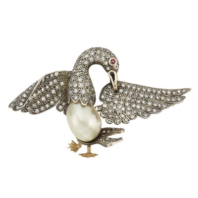 Lot 107 - Antique Silver, Gold, Natural Pearl and Diamond Bird Brooch