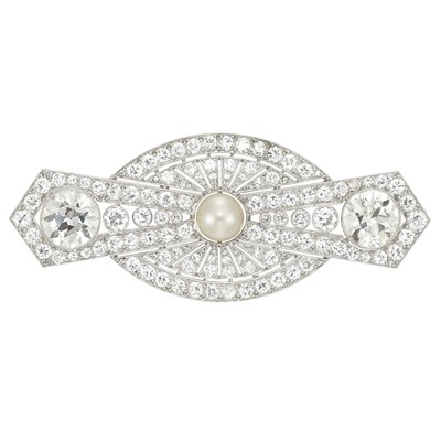 Lot 412 - Platinum, Button Pearl and Diamond Brooch