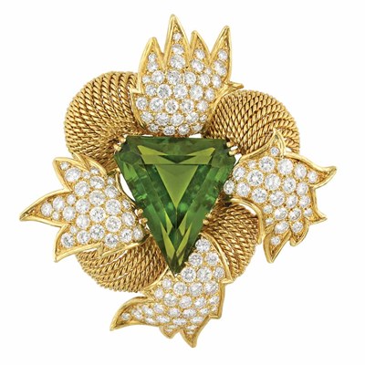 Lot 363 - Gold, Peridot and Diamond Clip-Brooch, David Webb
