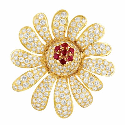 Lot 316 - Gold, Diamond and Ruby Flower Clip-Brooch, Chaumet, Paris