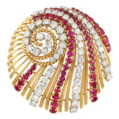 Lot 222 - Gold, Platinum, Diamond and Ruby Clip-Brooch, France