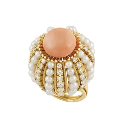 Lot 304 - Gold, Coral, Cultured Pearl and Diamond Dome Ring