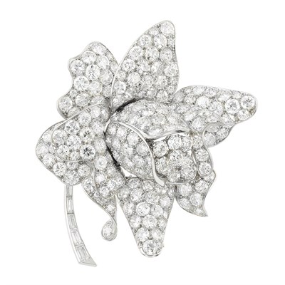 Lot 390 - Platinum and Diamond Flower Clip-Brooch