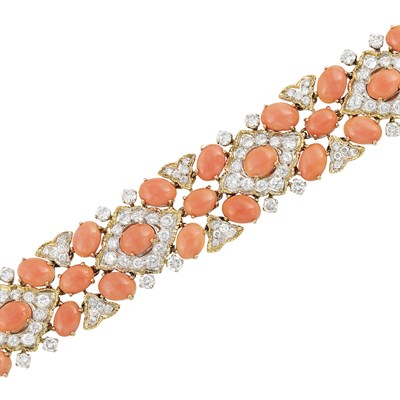 Lot 302 - Gold, Platinum, Coral and Diamond Bracelet