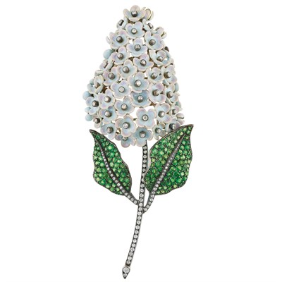 Lot 98 - Enamel, Diamond and Green Garnet Flower Clip-Brooch