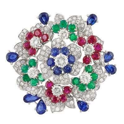 Lot 334 - Platinum, Diamond and Gem-Set Flower Clip-Brooch, by Nardi