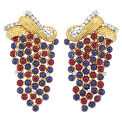 Lot 219 - Pair of Gold, Platinum, Diamond and Cabochon Gem-Set Pendant-Earclips, Sterle, Paris
