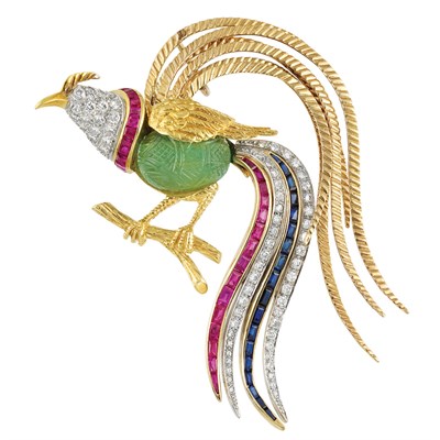 Lot 213 - Gold, Platinum, Carved Emerald, Diamond and Gem-Set Bird Clip-Brooch
