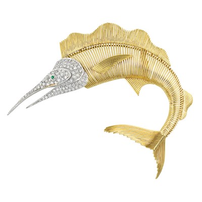 Lot 214 - Gold, Platinum, Diamond and Emerald Sailfish Clip-Brooch