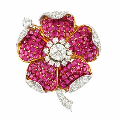 Lot 113 - Gold, Platinum, Diamond and Invisibly-Set Ruby Flower Clip-Brooch