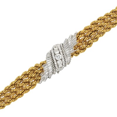 Lot 388 - Triple Strand Gold, Platinum and Diamond Bracelet-Watch, Mellerio, France