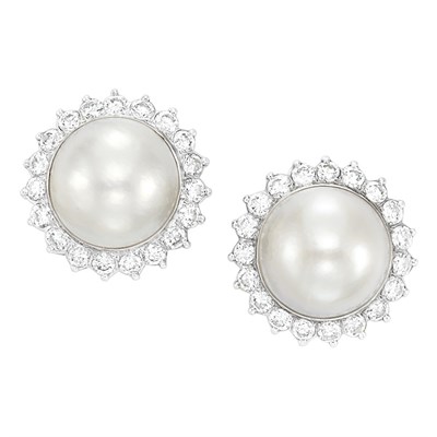Lot 343 - Pair of White Gold, Mabe Pearl and Diamond Earclips