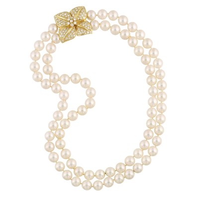 Lot 86 - Double Strand Cultured Pearl Necklace with Gold and Diamond Clasp